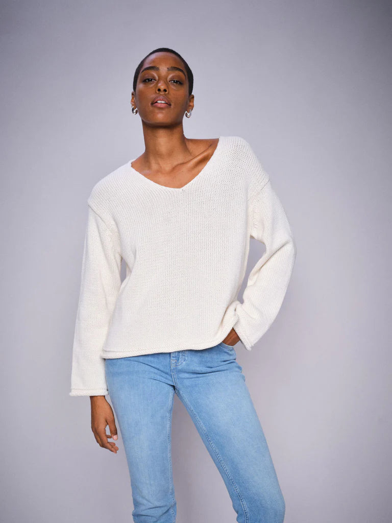 Mos Mosh Bine LS Ecru V-Neck Knit