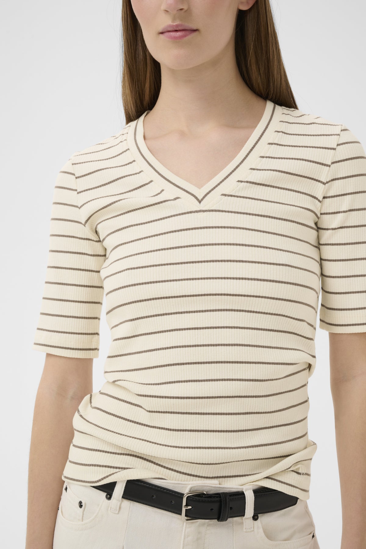 InWear Dagna Ceme/Coffee Striped V-Hals T-skjorte