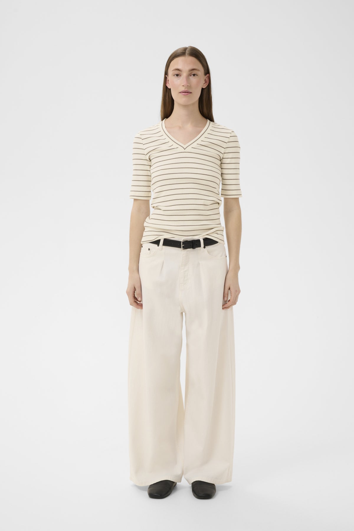 InWear Dagna Ceme/Coffee Striped V-Hals T-skjorte