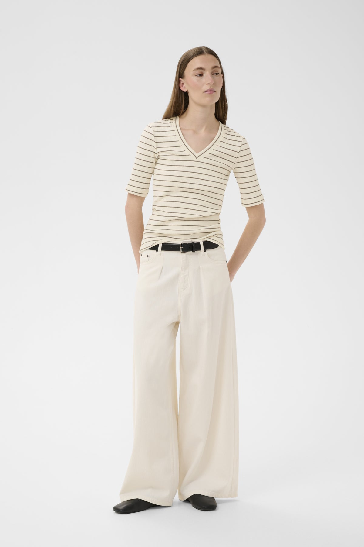InWear Dagna Ceme/Coffee Striped V-Hals T-skjorte