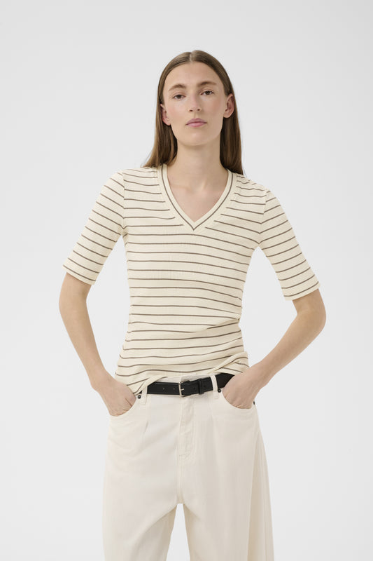 InWear Dagna Creme/Coffee Striped V-Hals T-skjorte