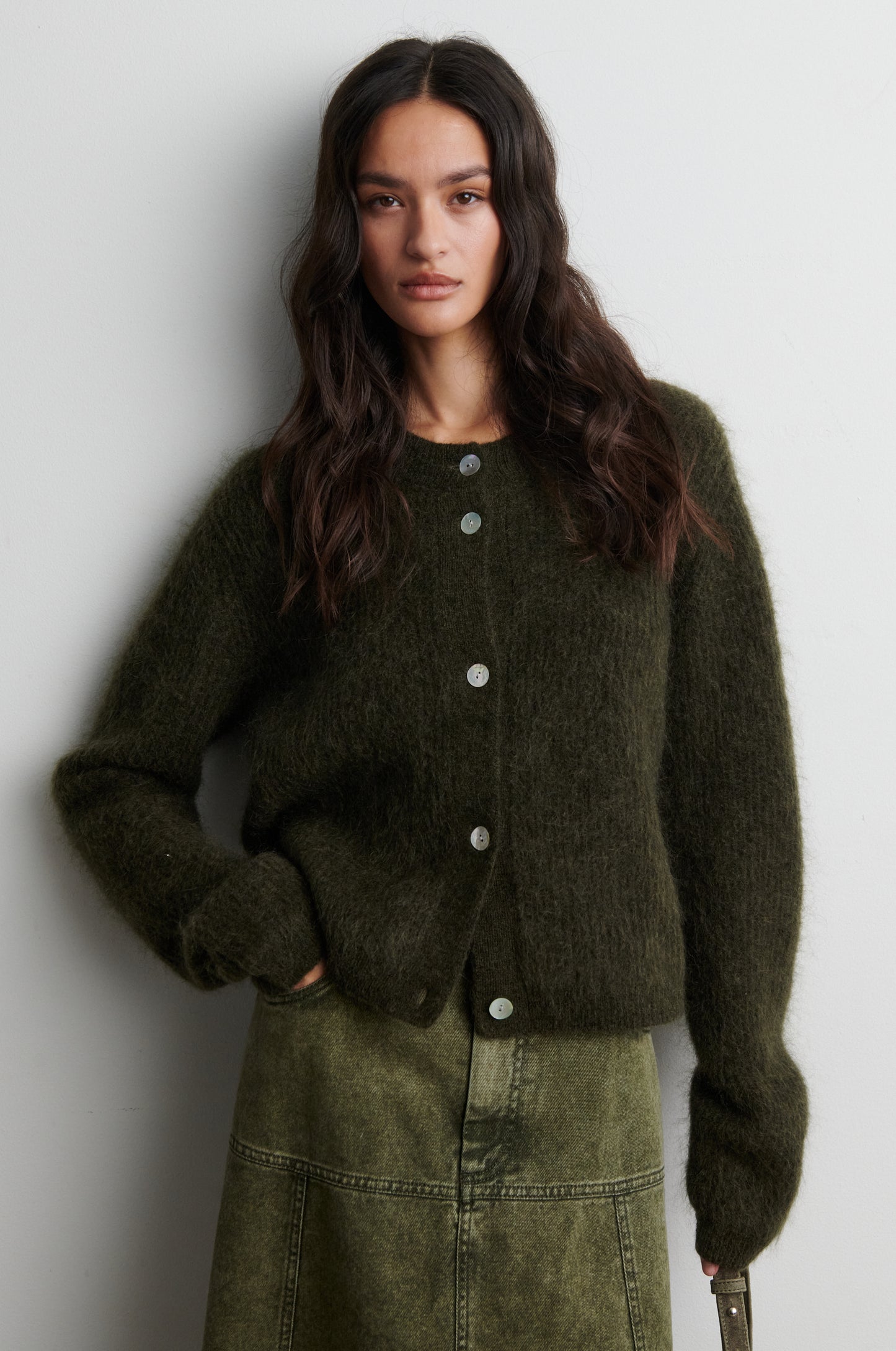 Second Female Andrea Knit LS Black Olive Cardigan