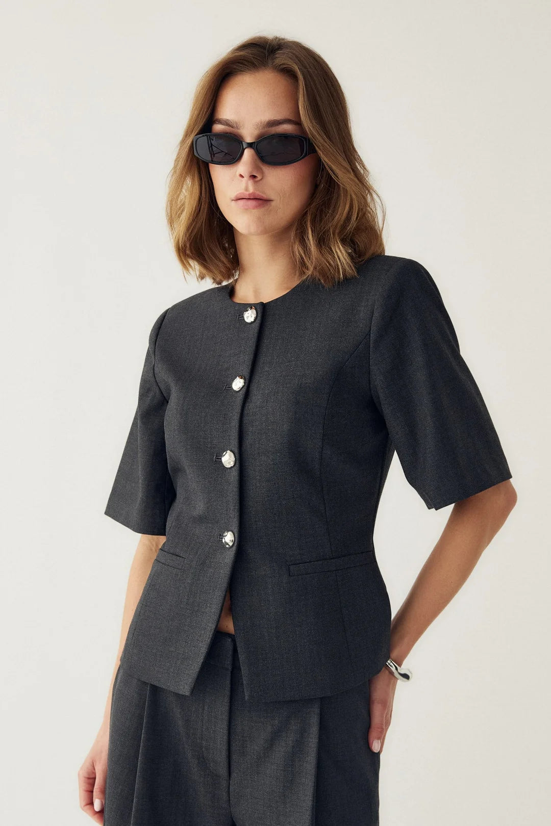 Noella Kasaundra Grey Herringbone Blazer